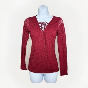 Hollister Y2K Womens Crochet Lace Long Sleeve Top S Burgundy Boho V-Neck Tie